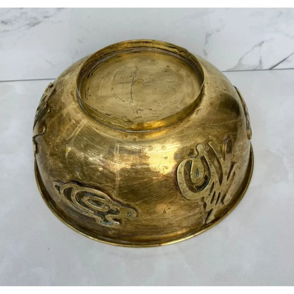 Vintage Mid Century Asian Ethnic Chinese Solid Brass Bowl 12x6x5 - Picture 8 of 12